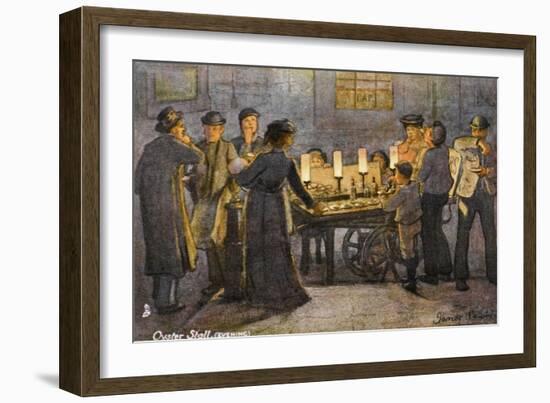 People Gather Round a London Oyster Stall in the Evening-null-Framed Art Print