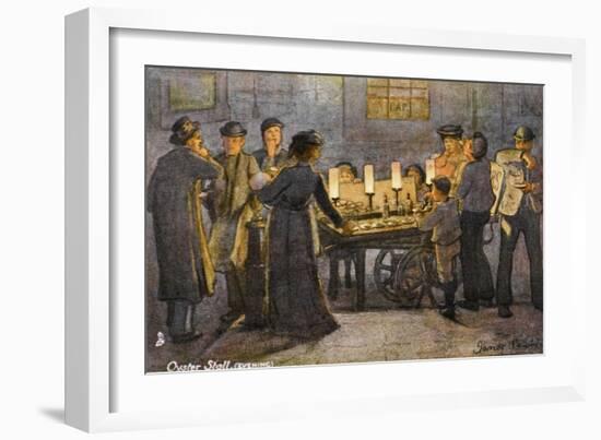 People Gather Round a London Oyster Stall in the Evening-null-Framed Art Print