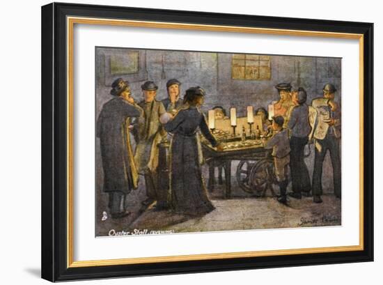 People Gather Round a London Oyster Stall in the Evening-null-Framed Art Print