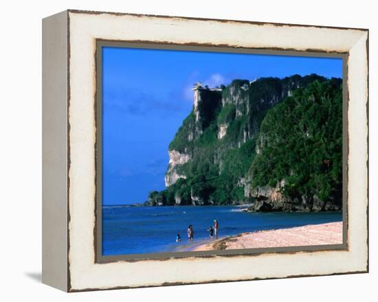 People in Water at Tumon Beach with Amantes (Two Lovers) Point Behind, Tumon, Guam-John Elk III-Framed Premier Image Canvas