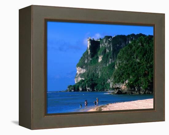 People in Water at Tumon Beach with Amantes (Two Lovers) Point Behind, Tumon, Guam-John Elk III-Framed Premier Image Canvas