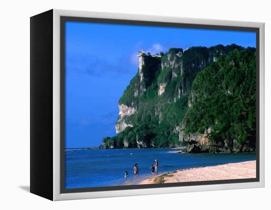 People in Water at Tumon Beach with Amantes (Two Lovers) Point Behind, Tumon, Guam-John Elk III-Framed Premier Image Canvas