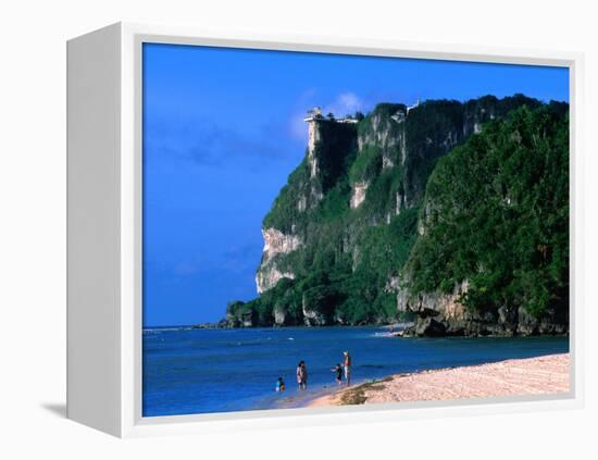 People in Water at Tumon Beach with Amantes (Two Lovers) Point Behind, Tumon, Guam-John Elk III-Framed Premier Image Canvas