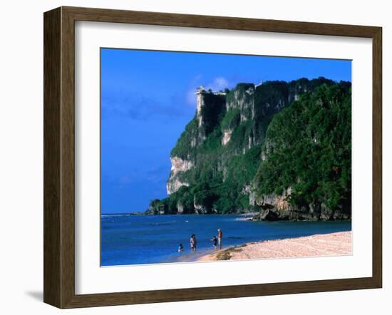 People in Water at Tumon Beach with Amantes (Two Lovers) Point Behind, Tumon, Guam-John Elk III-Framed Photographic Print