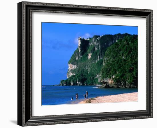 People in Water at Tumon Beach with Amantes (Two Lovers) Point Behind, Tumon, Guam-John Elk III-Framed Photographic Print