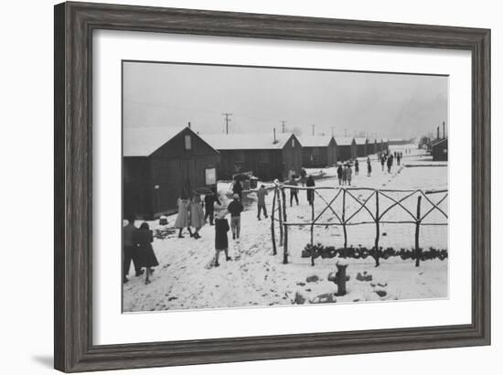 People Leaving Buddhist Church, Winter-Ansel Adams-Framed Art Print