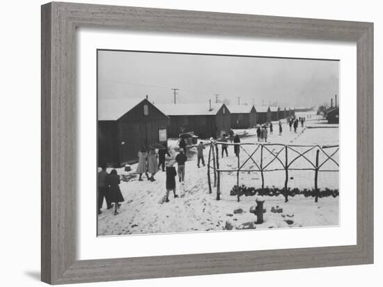 People Leaving Buddhist Church, Winter-Ansel Adams-Framed Art Print