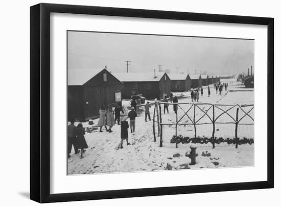 People Leaving Buddhist Church, Winter-Ansel Adams-Framed Art Print