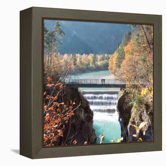 People on a Bridge Over the River Lech and Lechfall, a Man Made Fall-Alex Saberi-Framed Premier Image Canvas
