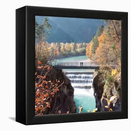 People on a Bridge Over the River Lech and Lechfall, a Man Made Fall-Alex Saberi-Framed Premier Image Canvas