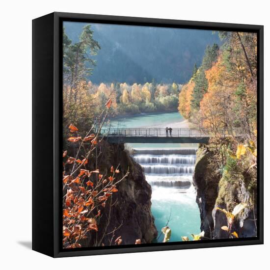 People on a Bridge Over the River Lech and Lechfall, a Man Made Fall-Alex Saberi-Framed Premier Image Canvas