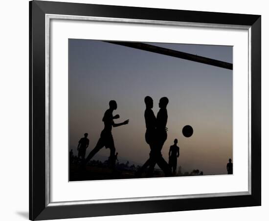 People Play Soccer at a Camp Set Up for Earthquake Survivors Left Homeless in Port-Au-Prince-null-Framed Photographic Print