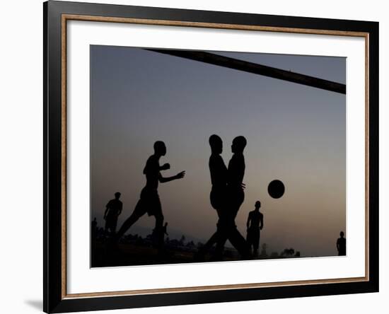 People Play Soccer at a Camp Set Up for Earthquake Survivors Left Homeless in Port-Au-Prince-null-Framed Photographic Print