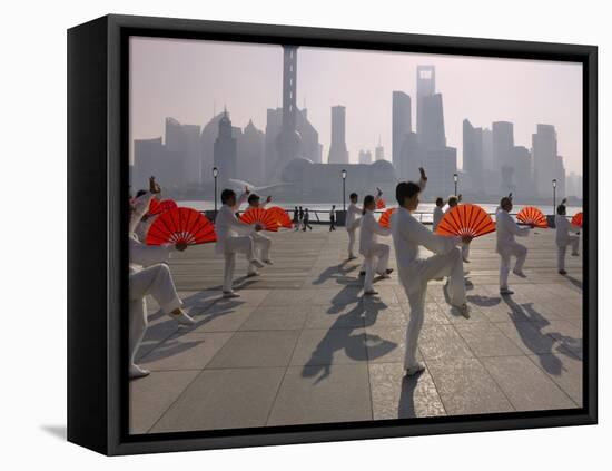 People Practicing Taiji and Pudong Skyline, Shanghai, China-Keren Su-Framed Premier Image Canvas