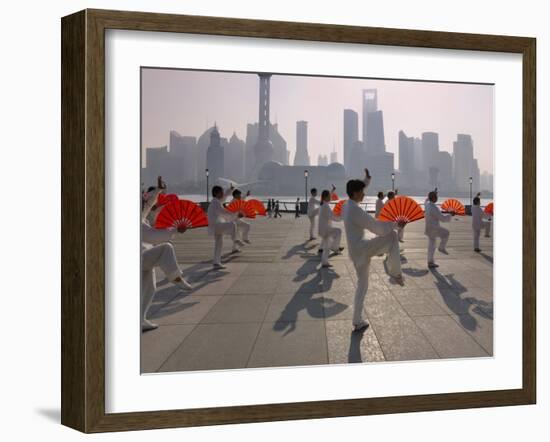 People Practicing Taiji and Pudong Skyline, Shanghai, China-Keren Su-Framed Photographic Print