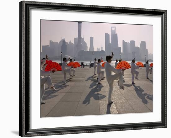 People Practicing Taiji and Pudong Skyline, Shanghai, China-Keren Su-Framed Photographic Print