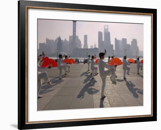 People Practicing Taiji and Pudong Skyline, Shanghai, China-Keren Su-Framed Photographic Print