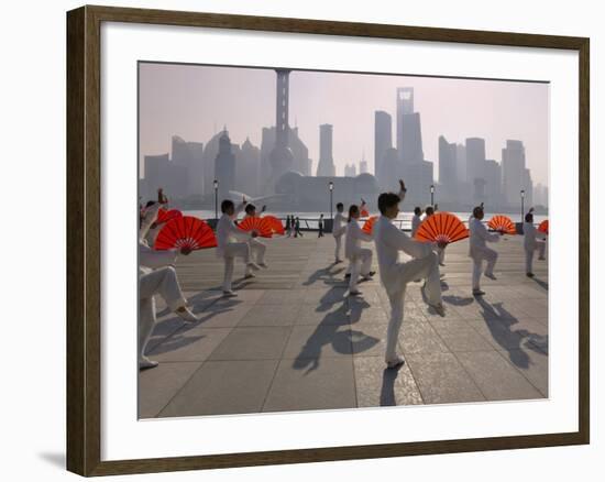 People Practicing Taiji and Pudong Skyline, Shanghai, China-Keren Su-Framed Photographic Print