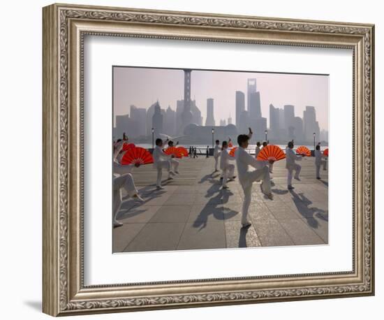 People Practicing Taiji and Pudong Skyline, Shanghai, China-Keren Su-Framed Photographic Print