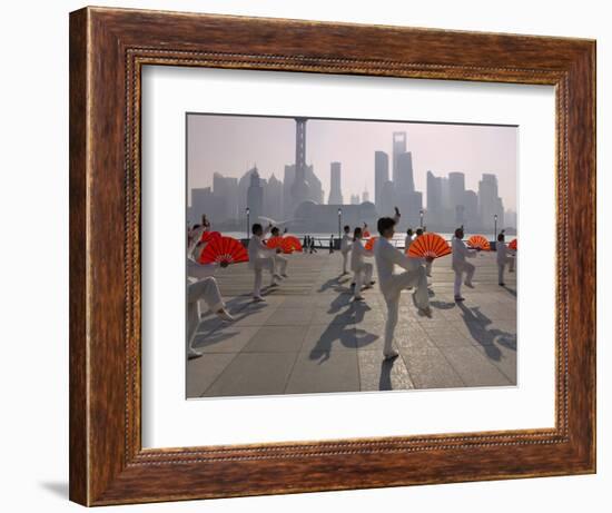 People Practicing Taiji and Pudong Skyline, Shanghai, China-Keren Su-Framed Photographic Print