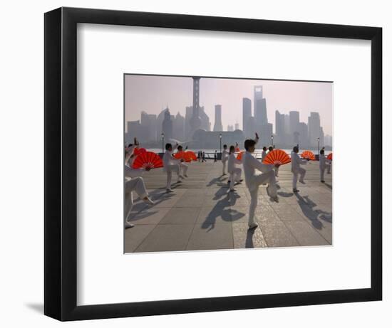 People Practicing Taiji and Pudong Skyline, Shanghai, China-Keren Su-Framed Photographic Print