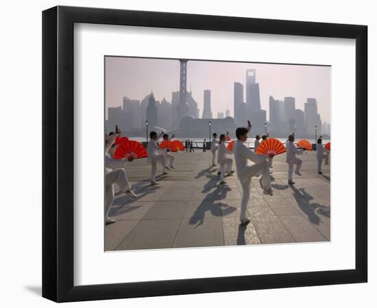 People Practicing Taiji and Pudong Skyline, Shanghai, China-Keren Su-Framed Photographic Print