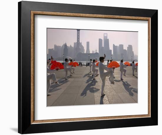 People Practicing Taiji and Pudong Skyline, Shanghai, China-Keren Su-Framed Photographic Print