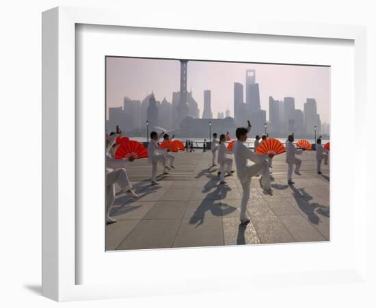 People Practicing Taiji and Pudong Skyline, Shanghai, China-Keren Su-Framed Photographic Print