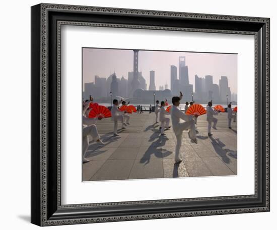 People Practicing Taiji and Pudong Skyline, Shanghai, China-Keren Su-Framed Photographic Print