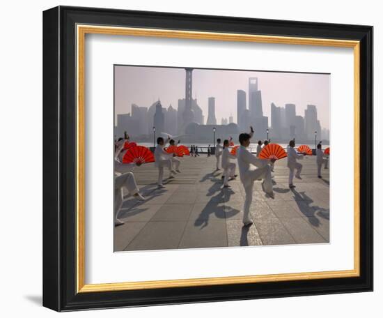 People Practicing Taiji and Pudong Skyline, Shanghai, China-Keren Su-Framed Photographic Print