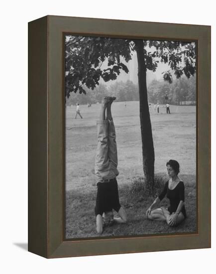 People Practicing Yoga in Central Park-null-Framed Premier Image Canvas