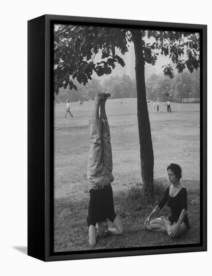 People Practicing Yoga in Central Park-null-Framed Premier Image Canvas