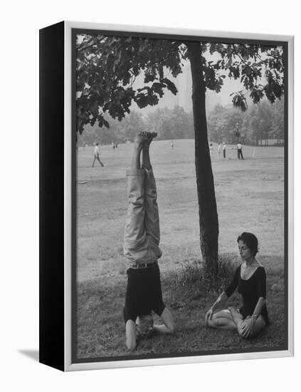 People Practicing Yoga in Central Park-null-Framed Premier Image Canvas