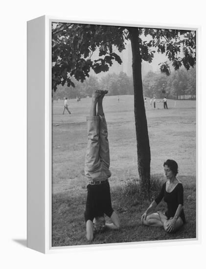 People Practicing Yoga in Central Park-null-Framed Premier Image Canvas