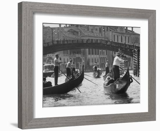 People Riding in Gondolas on the Grand Canal Near the Academia Bridge-Dmitri Kessel-Framed Photographic Print