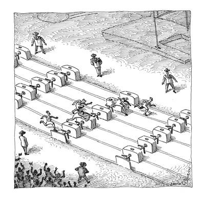 People run hurdles on a track jumping over turnstiles. - New Yorker Cartoon'  Premium Giclee Print - John O'brien 