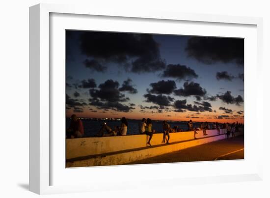 People Sitting on a Wall in Salvador at Dusk-Alex Saberi-Framed Photographic Print