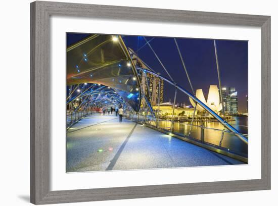 People Strolling on the Helix Bridge Towards the Marina Bay Sands and Artscience Museum at Night-Fraser Hall-Framed Photographic Print