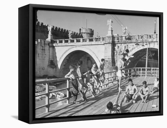 People Sunbathing and Swimming at the Tiber Boathouse-Dmitri Kessel-Framed Premier Image Canvas