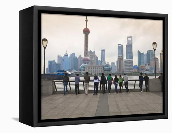 People Viewing the Pudong Skyline and the Oriental Pearl Tower from the Bund, Shanghai, China, Asia-Amanda Hall-Framed Premier Image Canvas