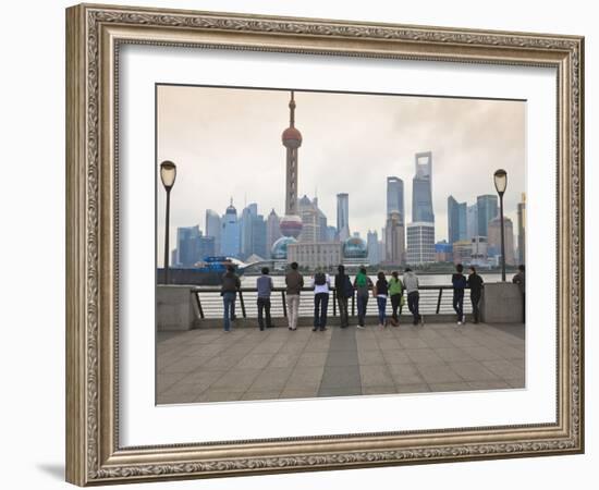 People Viewing the Pudong Skyline and the Oriental Pearl Tower from the Bund, Shanghai, China, Asia-Amanda Hall-Framed Photographic Print