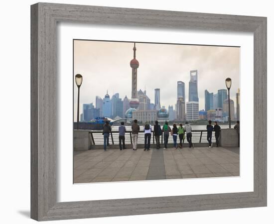 People Viewing the Pudong Skyline and the Oriental Pearl Tower from the Bund, Shanghai, China, Asia-Amanda Hall-Framed Photographic Print