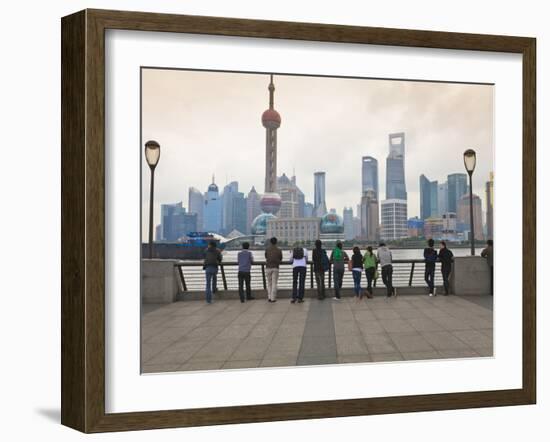 People Viewing the Pudong Skyline and the Oriental Pearl Tower from the Bund, Shanghai, China, Asia-Amanda Hall-Framed Photographic Print
