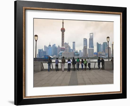 People Viewing the Pudong Skyline and the Oriental Pearl Tower from the Bund, Shanghai, China, Asia-Amanda Hall-Framed Photographic Print