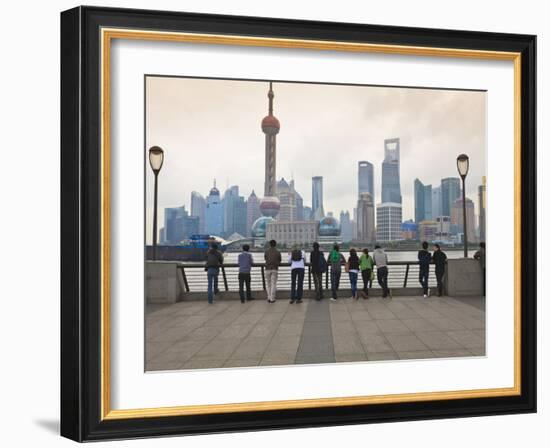 People Viewing the Pudong Skyline and the Oriental Pearl Tower from the Bund, Shanghai, China, Asia-Amanda Hall-Framed Photographic Print