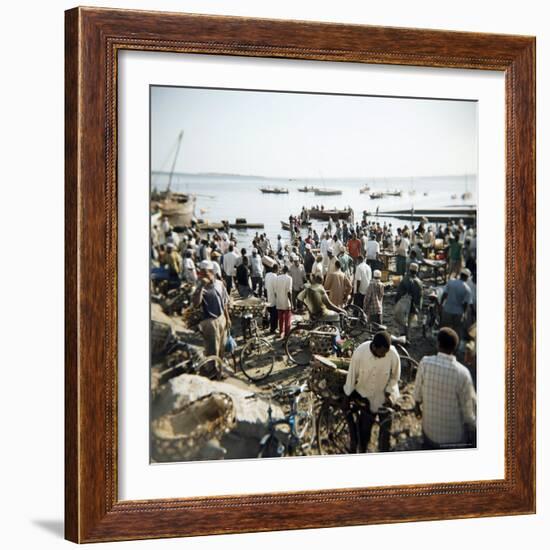 People Waiting on Beach for Dhows to Land Fish, Stone Town, Zanzibar, Tanzania, East Africa, Africa-Lee Frost-Framed Photographic Print