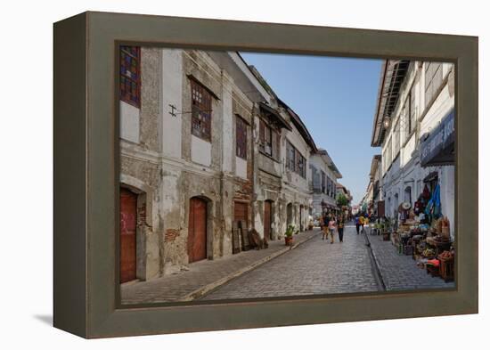 People walking on street, Calle Crisologo, Vigan, Ilocos Sur, Philippines-null-Framed Premier Image Canvas