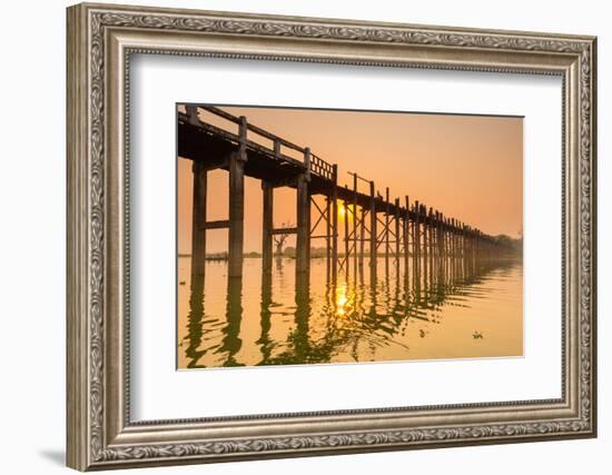 People walking on U-Bein bridge over Taung Tha Man Lake at sunset, Amarapura, Mandalay, Myanmar-Jan Miracky-Framed Photographic Print