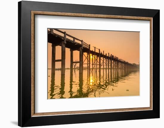 People walking on U-Bein bridge over Taung Tha Man Lake at sunset, Amarapura, Mandalay, Myanmar-Jan Miracky-Framed Photographic Print