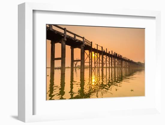 People walking on U-Bein bridge over Taung Tha Man Lake at sunset, Amarapura, Mandalay, Myanmar-Jan Miracky-Framed Photographic Print